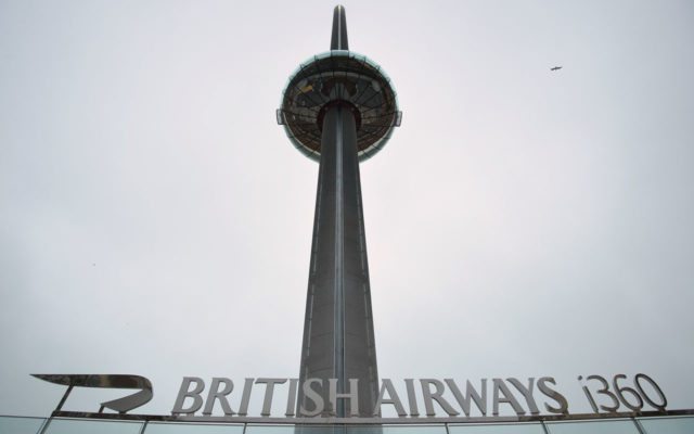 The British Airways i360 Observation Tower is pictured during a preview in Brighton, on the south coast of England, on August 2, 2016. 
The verticle cable car that ascends to a height of 450 feet (132 metres) affords 360-degree views of up to 26 miles, according to the attractions website. The observation tower opens officially on August 4, 2016.  / AFP PHOTO / GLYN KIRK